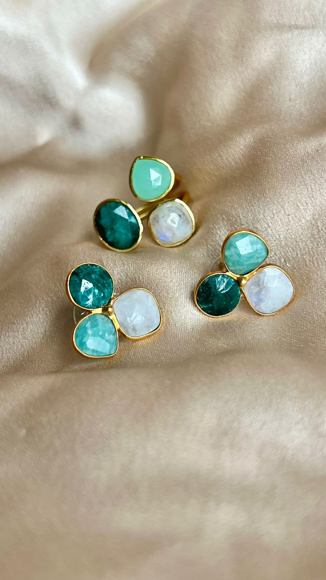 Boucles d'oreilles avec pierres Zarautz Emeraude, Aigue-Marine et Pierre de Lune