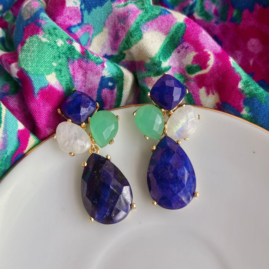 Boucles d'oreilles en pierre bleue Inle, aigue-marine et pierre de lune