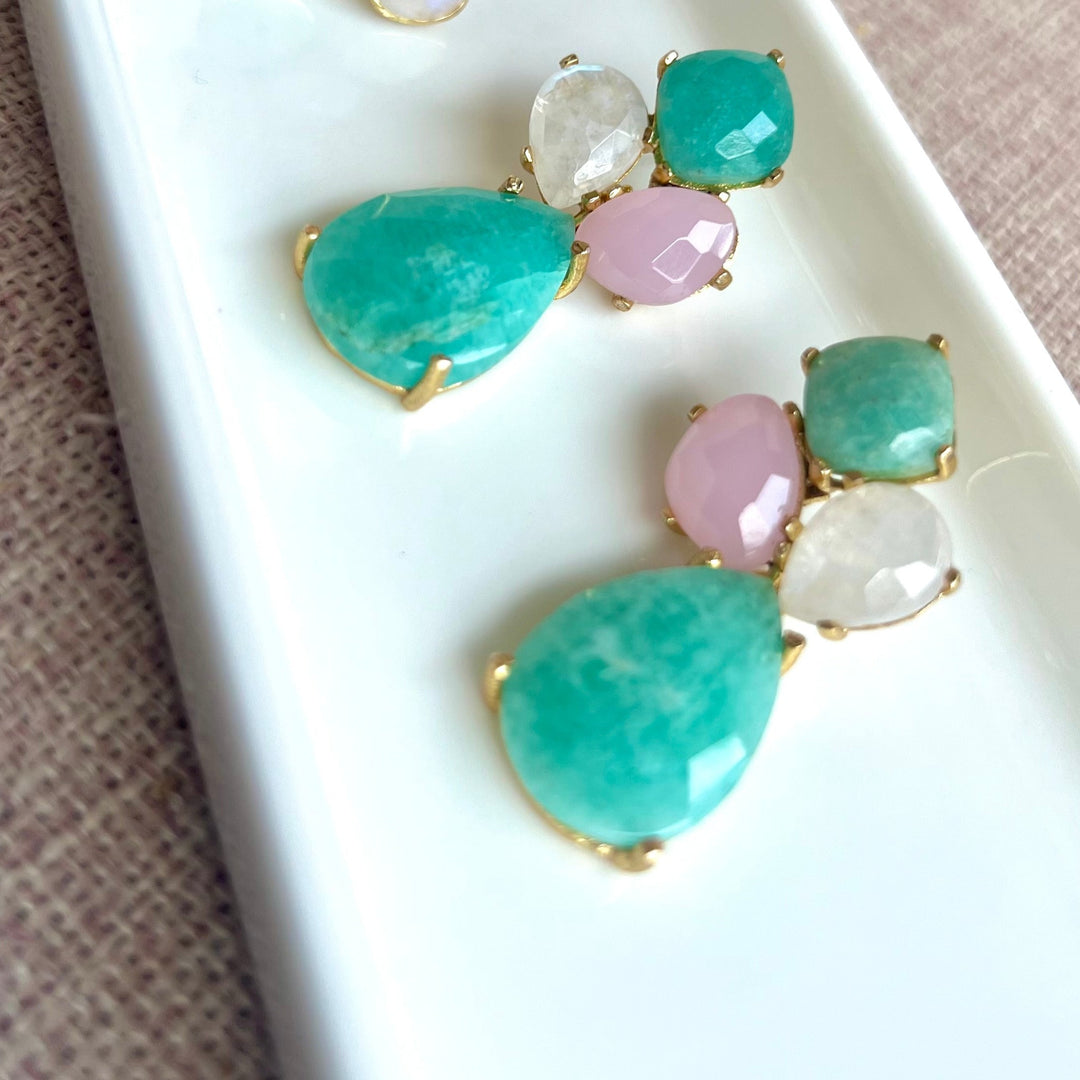 Boucles d'oreilles Inle en Amazonite, Rose et Pierre de Lune
