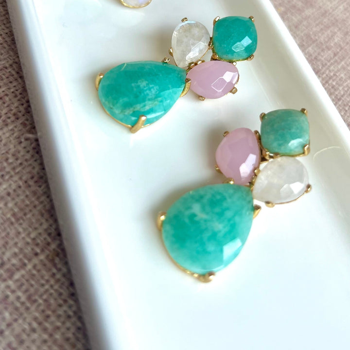 Boucles d'oreilles Inle en Amazonite, Rose et Pierre de Lune