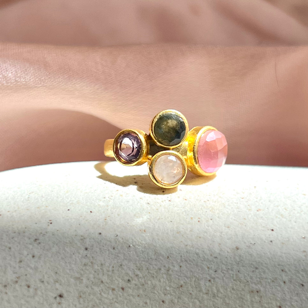 Anillo con piedras Livorno Rosa, Amatista, Labradorita y Luna
