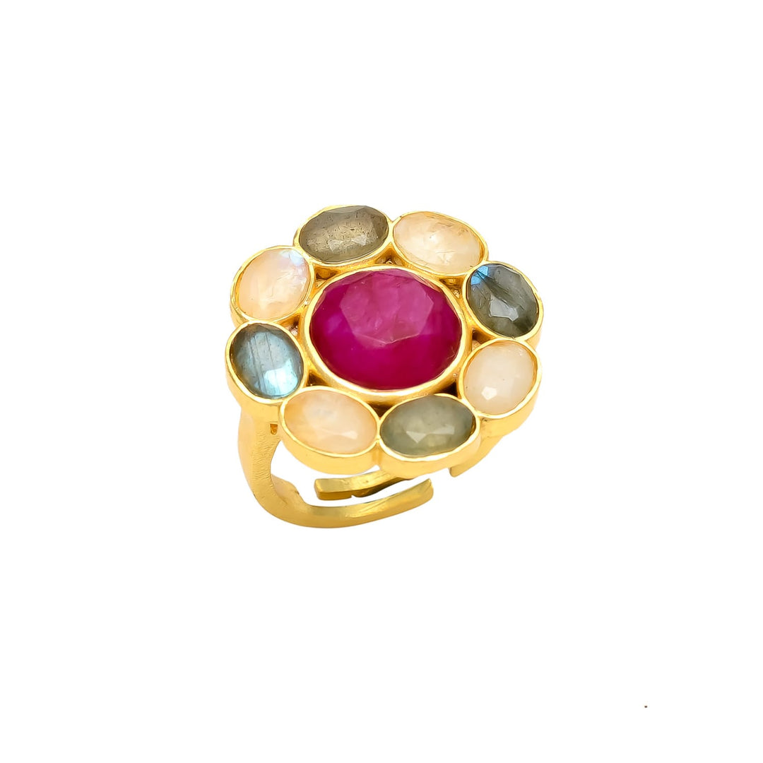Anillo con piedras Carol Labradorita, Luna y Granate