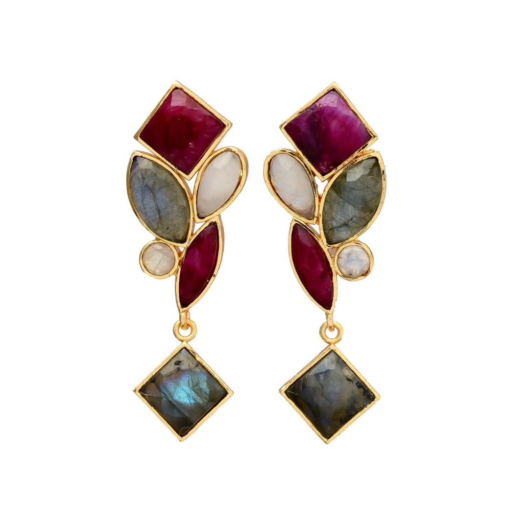 Boucles d'oreilles Ornella en labradorite, grenat et lune