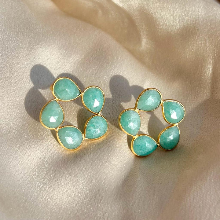 Boucles d'oreilles avec Amazonite de Majorque, Aigue-Marine, Rose, Labradorite et Pierres de Lune