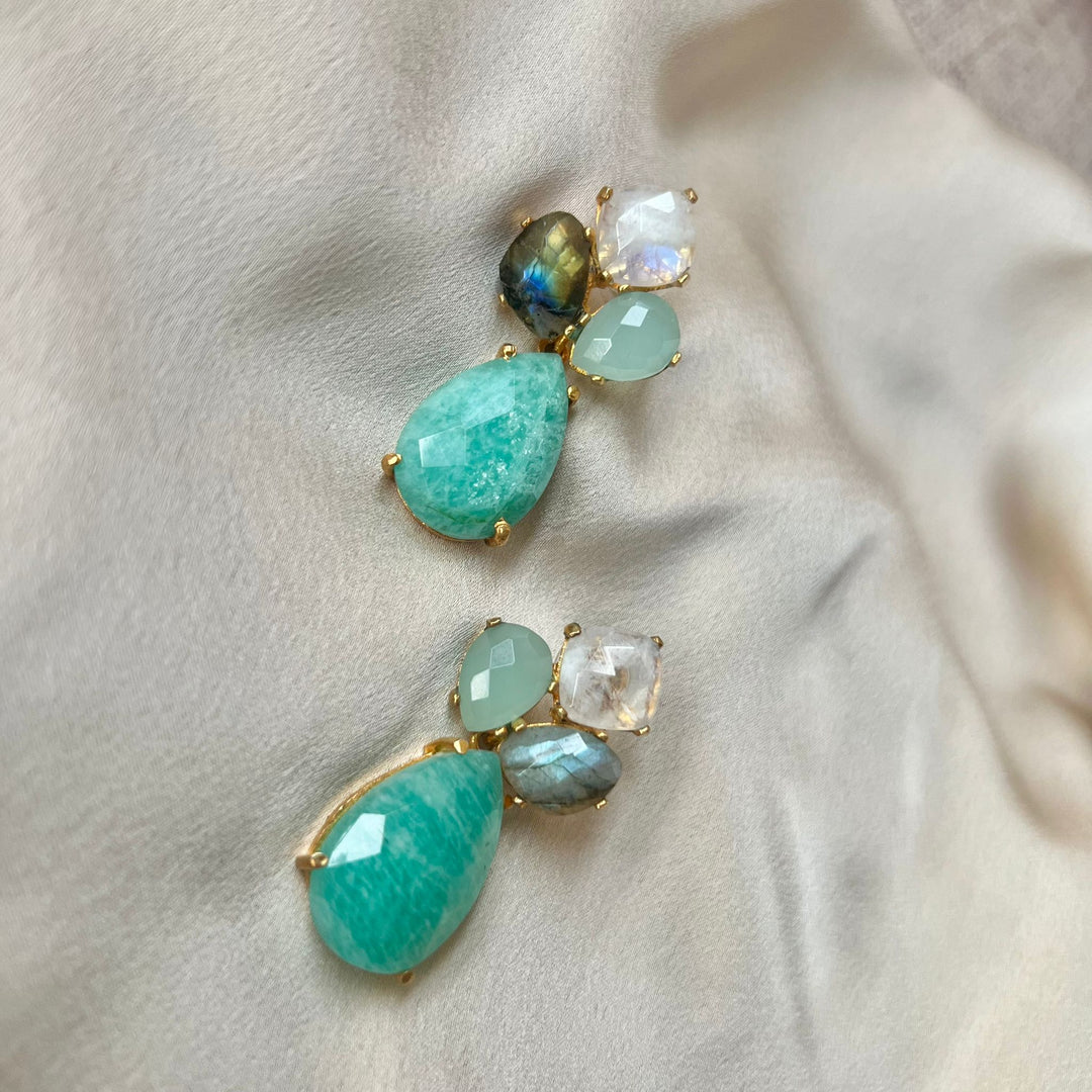 Boucles d'oreilles en pierre Inle Moon, Aigue-marine, Labradorite et Emeraude