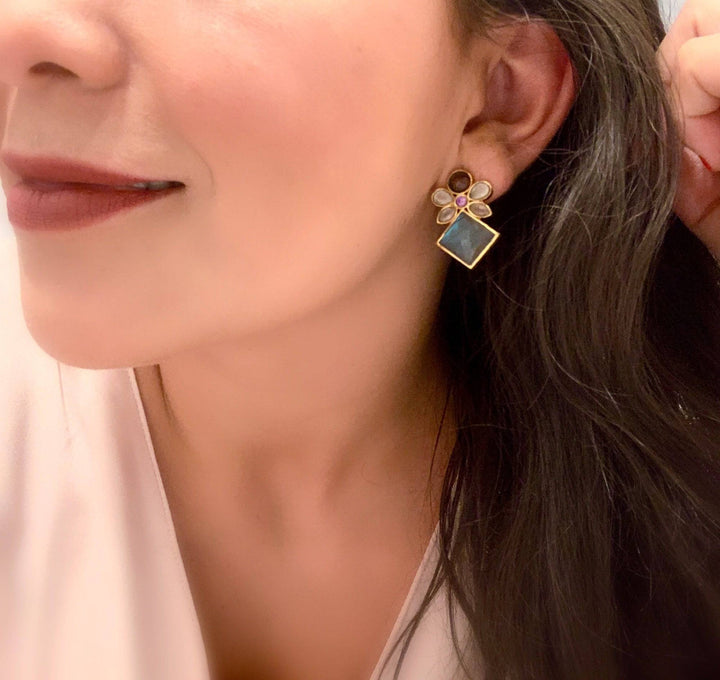 Pendientes con piedras Elegance Amatista, Blanco, Rosa y Labradorita - Mestiza Joyas