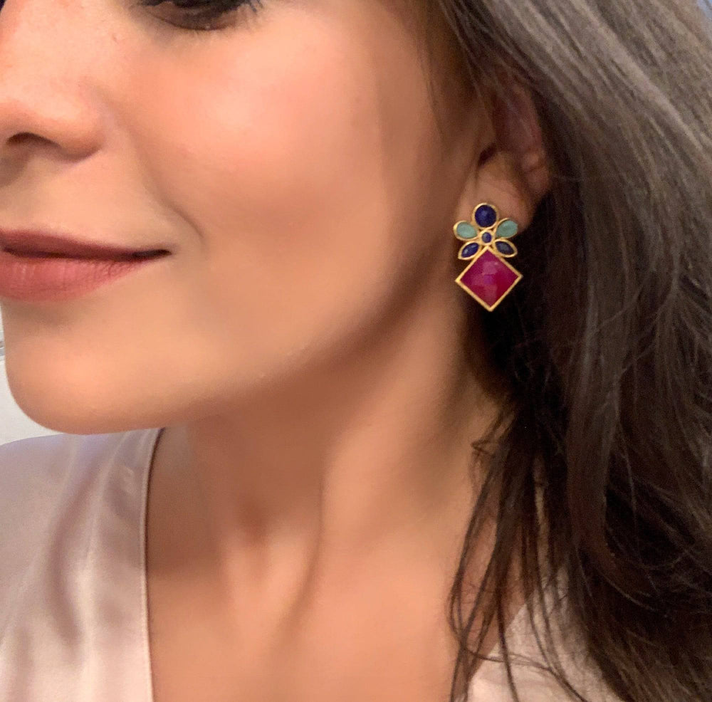 Pendientes con piedras Elegance Azul, Aguamarina y Fucsia - Mestiza Joyas