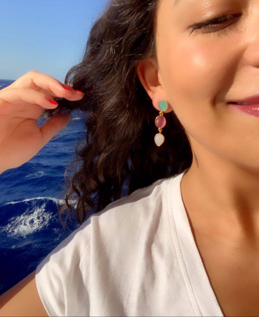 Pendientes con piedras Estocolmo Aguamarina, Rosa y Blanco - Mestiza Joyas