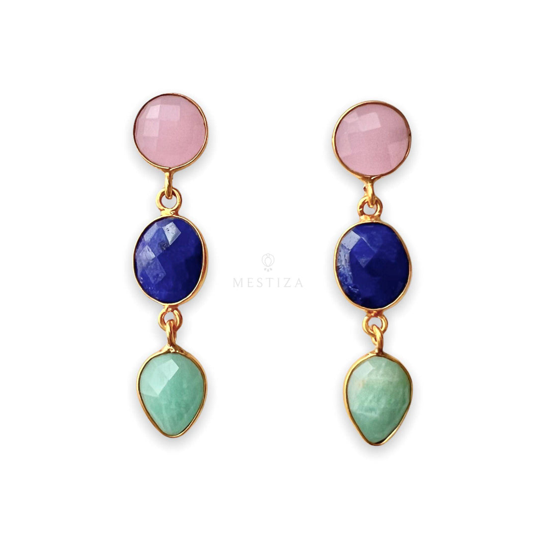 Pendientes con piedras Estocolmo Rosa, Azul y Amazonita - Mestiza Joyas