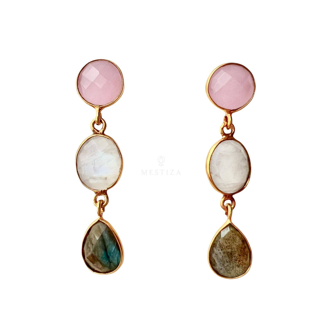 Pendientes con piedras Estocolmo Rosa, Blanco y Labradorita - Mestiza Joyas