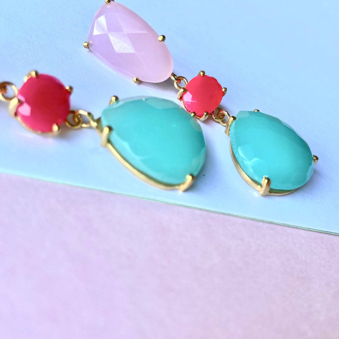Pendientes con piedras Marel Rosa, Fucsia y Aguamarina - Mestiza Joyas
