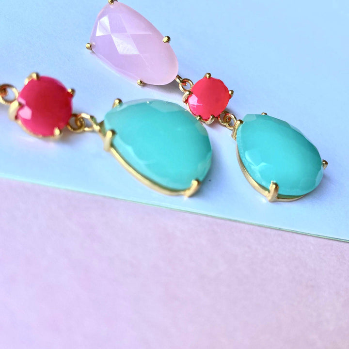 Pendientes con piedras Marel Rosa, Fucsia y Aguamarina - Mestiza Joyas
