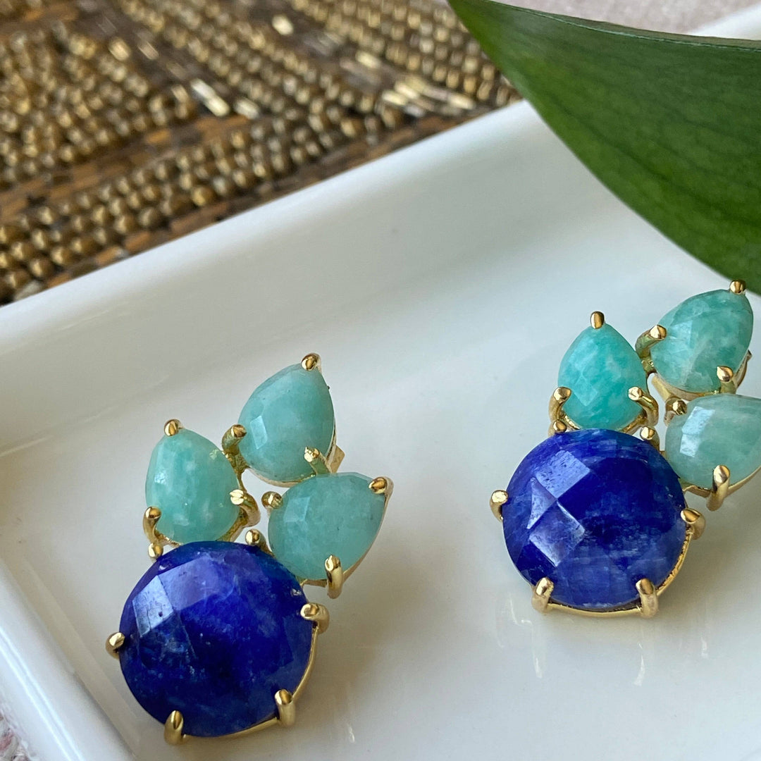 Pendientes con piedras Mier Amazonita y Zafiro - Mestiza Joyas