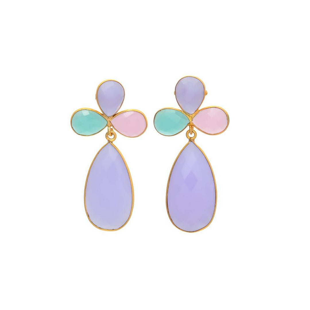 Pendientes con piedras Trébol Aguamarina, Rosa y Lila - Mestiza Joyas