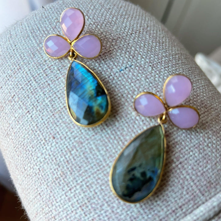 Pendientes con piedras Trébol Rosa y Labradorita - Mestiza Joyas