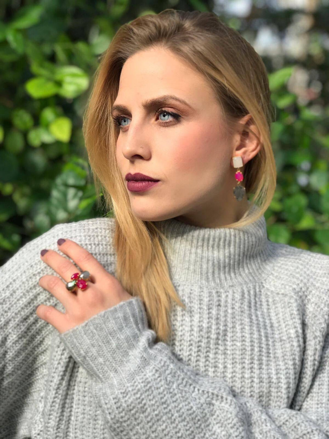 Pendientes piedras Daisy Rosa, Blanco y Aguamarina - Mestiza Joyas