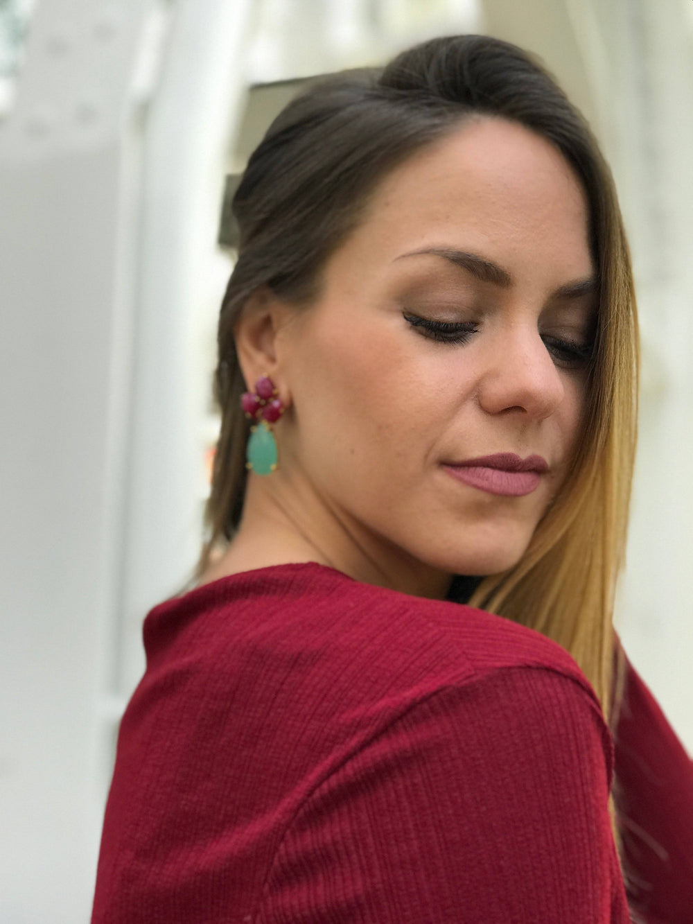 Pendientes piedras Inle Luna, Granate, Rosa - Mestiza Joyas