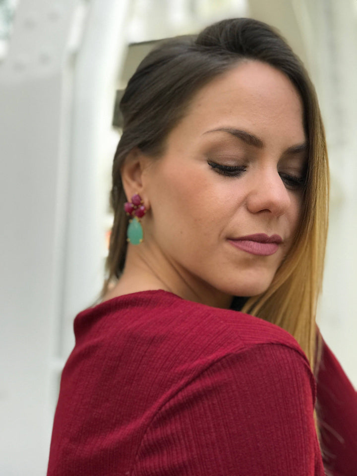 Pendientes piedras Inle Luna, Granate, Rosa - Mestiza Joyas