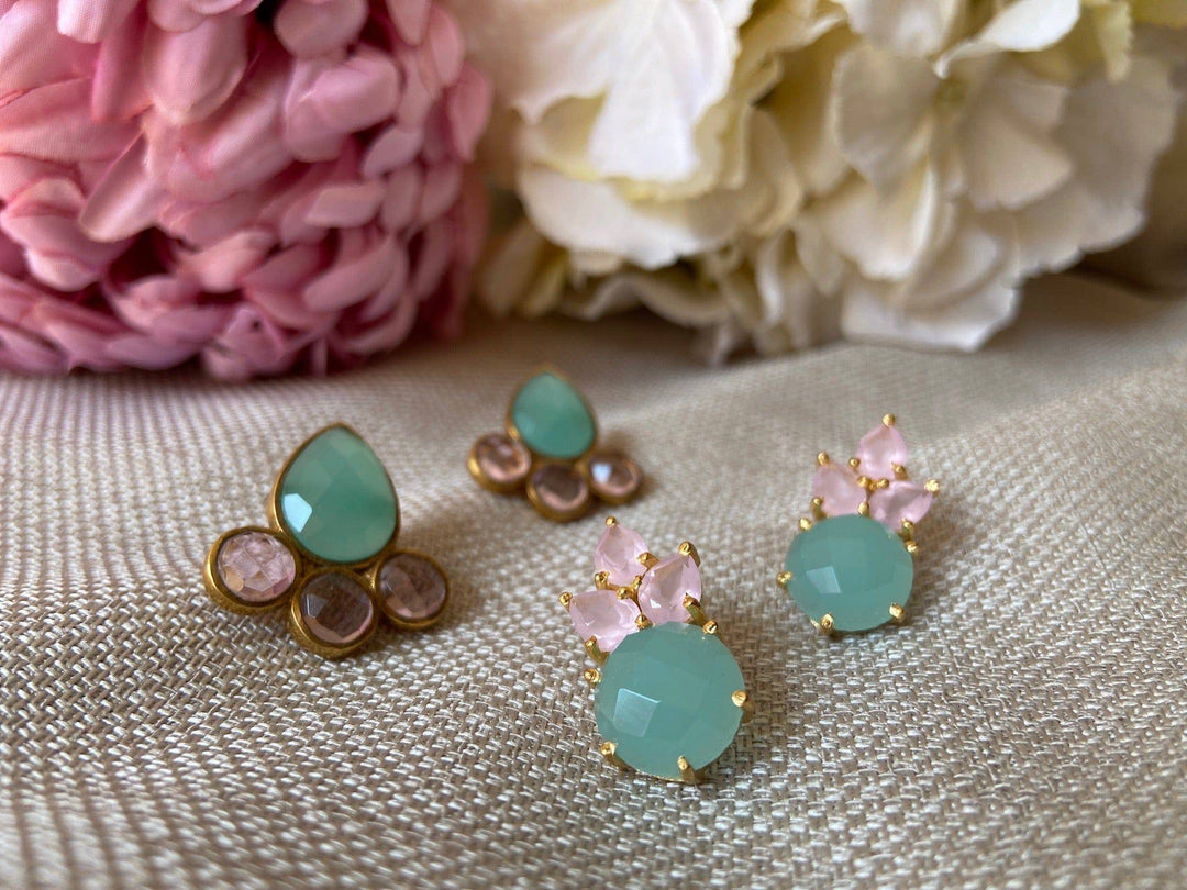 Pendientes piedras Moka Aguamarina y Rosa - Mestiza Joyas