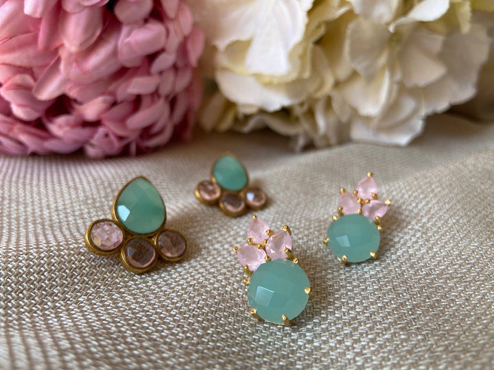 Pendientes piedras Moka Aguamarina y Rosa - Mestiza Joyas