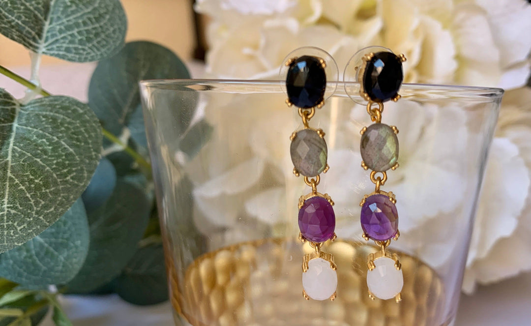 Pendientes piedras París Negro, Morado, Labradorita y Blanco - Mestiza Joyas