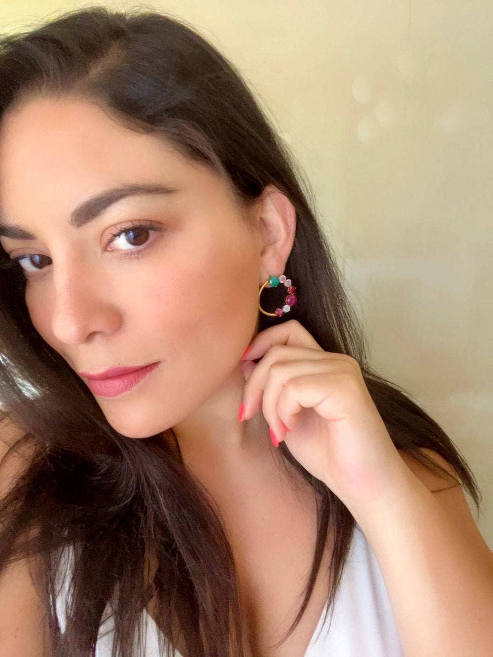 Pendientes piedras Valle verde, rosa y granate - Mestiza Joyas