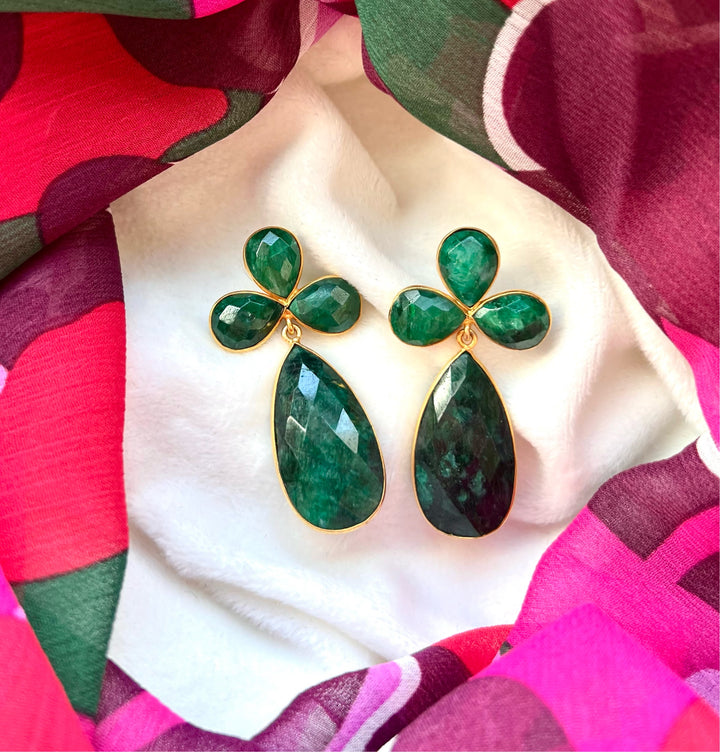 Boucles d'oreilles avec pierres Aigue-marine et Trèfle d'émeraude