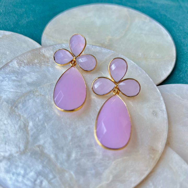 Boucles d'oreilles avec pierres Aigue-Marine, Rose et Trèfle Lilas