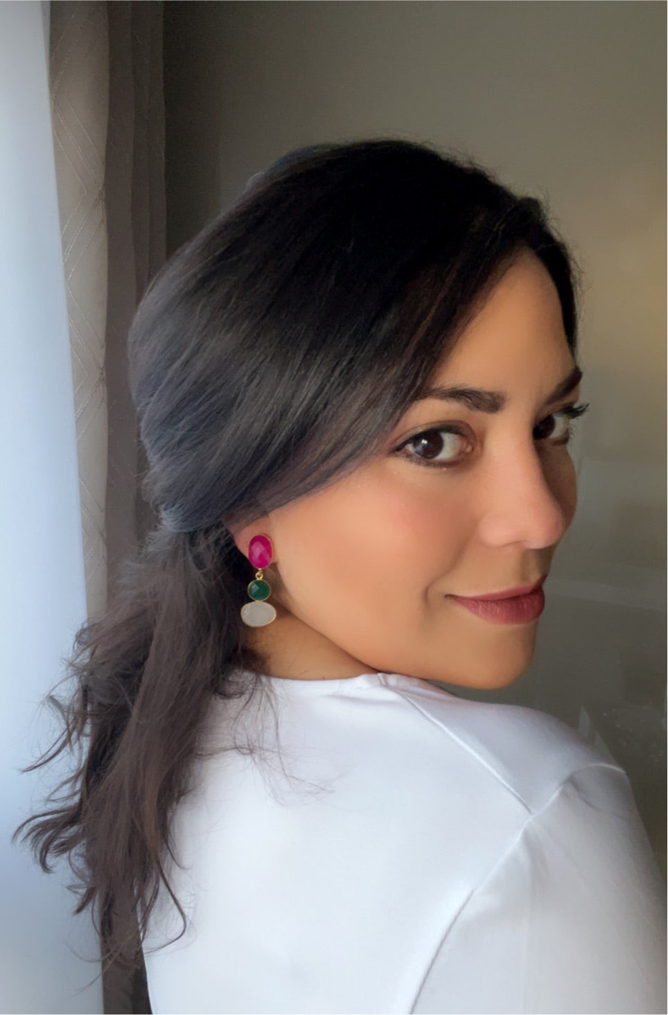 Earrings with Fuchsia, Green and White Begonia Chalcedony stones