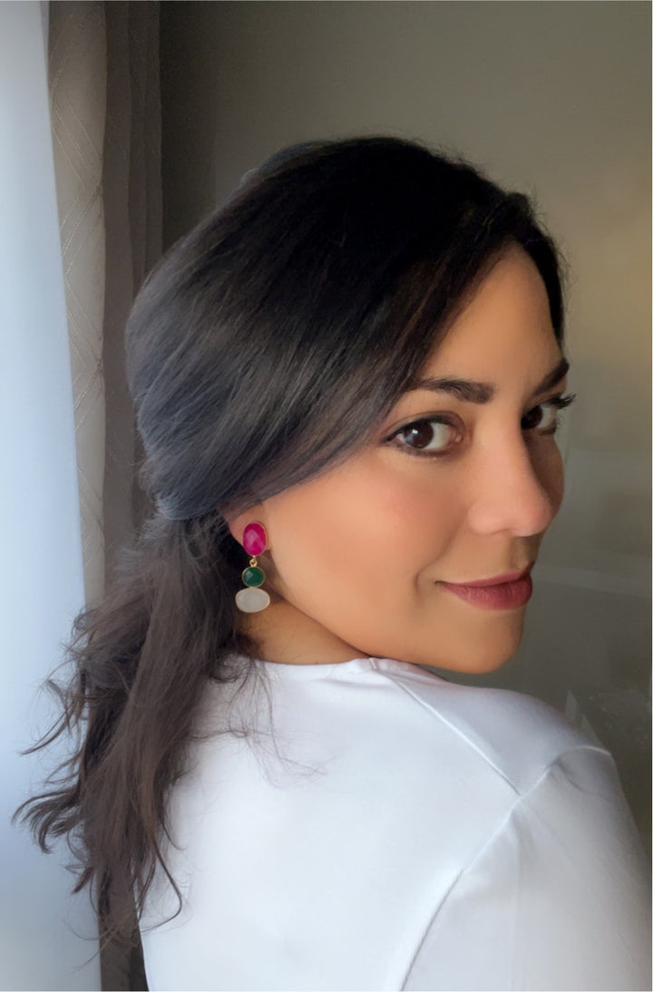 Earrings with Fuchsia, Green and White Begonia Chalcedony stones