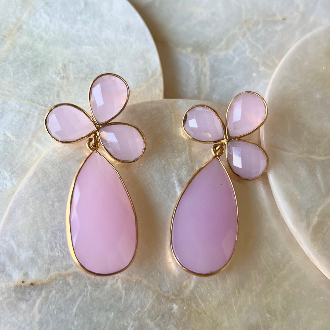 Boucles d'oreilles avec pierres Aigue-Marine, Rose et Trèfle Lilas