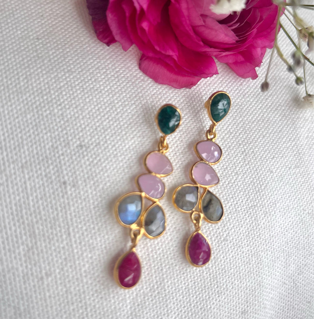 Boucles d'oreilles Narcisse Labradorite, Pierre de Lune et Pierre Améthyste