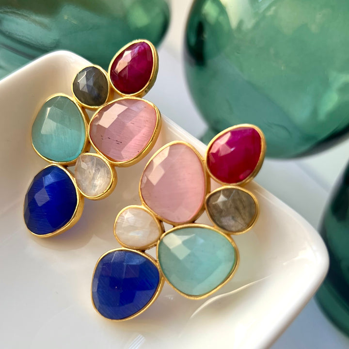 Boucles d'oreilles avec pierres de Florence multicolores