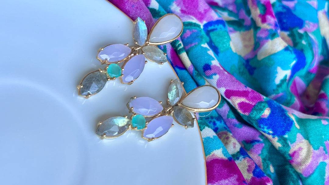 Lavender Labradorite, Lilac and Aquamarine stone earrings