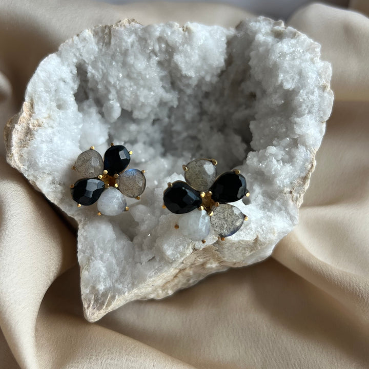Pendientes piedras Flor Negro, Labradorita y Luna