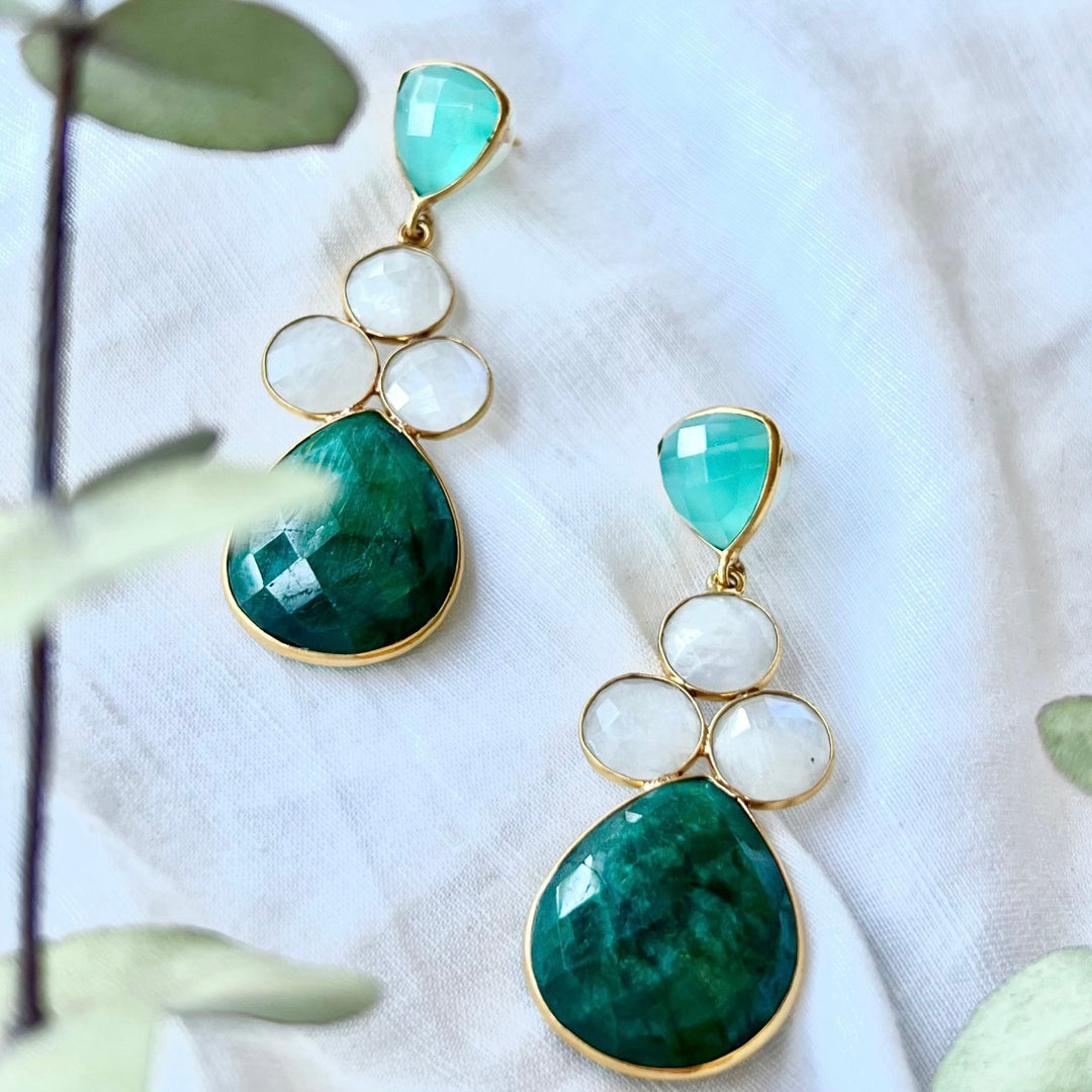 Earrings with Liz aquamarine, moon and green stones