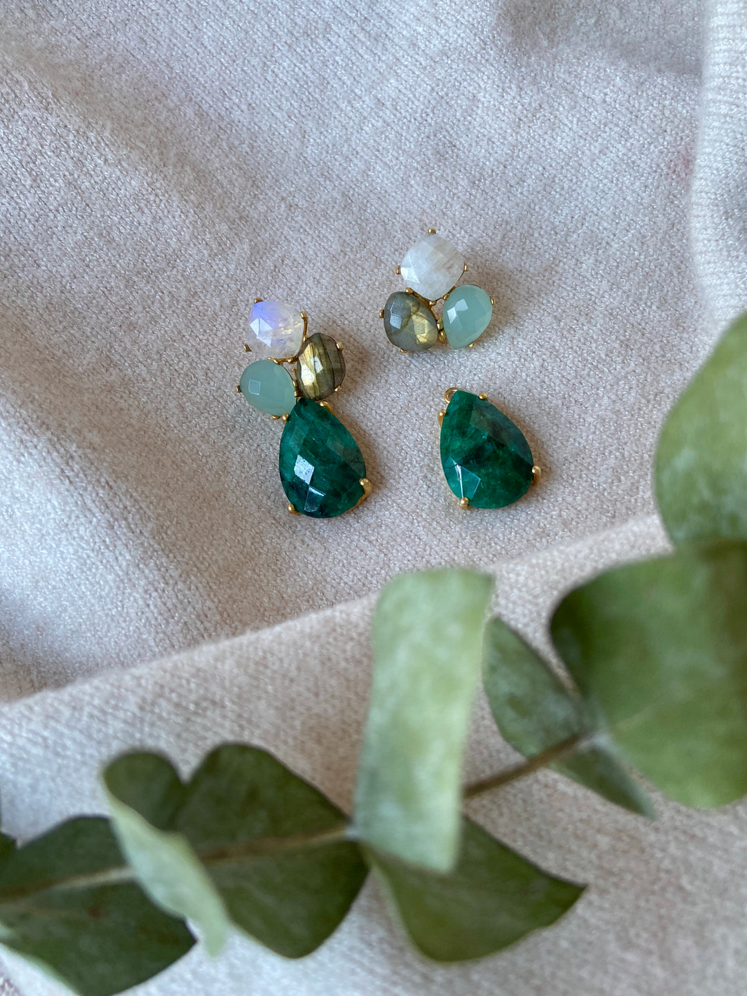 Inle Moon, Aquamarine, Labradorite and Emerald stone earrings