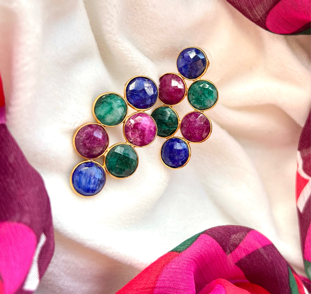 Earrings with Blue, Garnet and Green Circus stones
