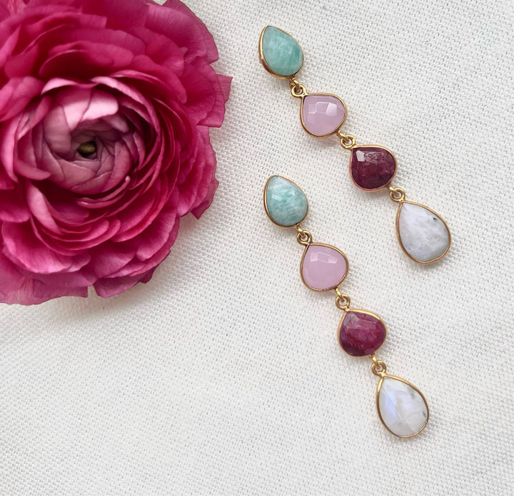 Madame amazonite, pink, garnet and moon stone earrings
