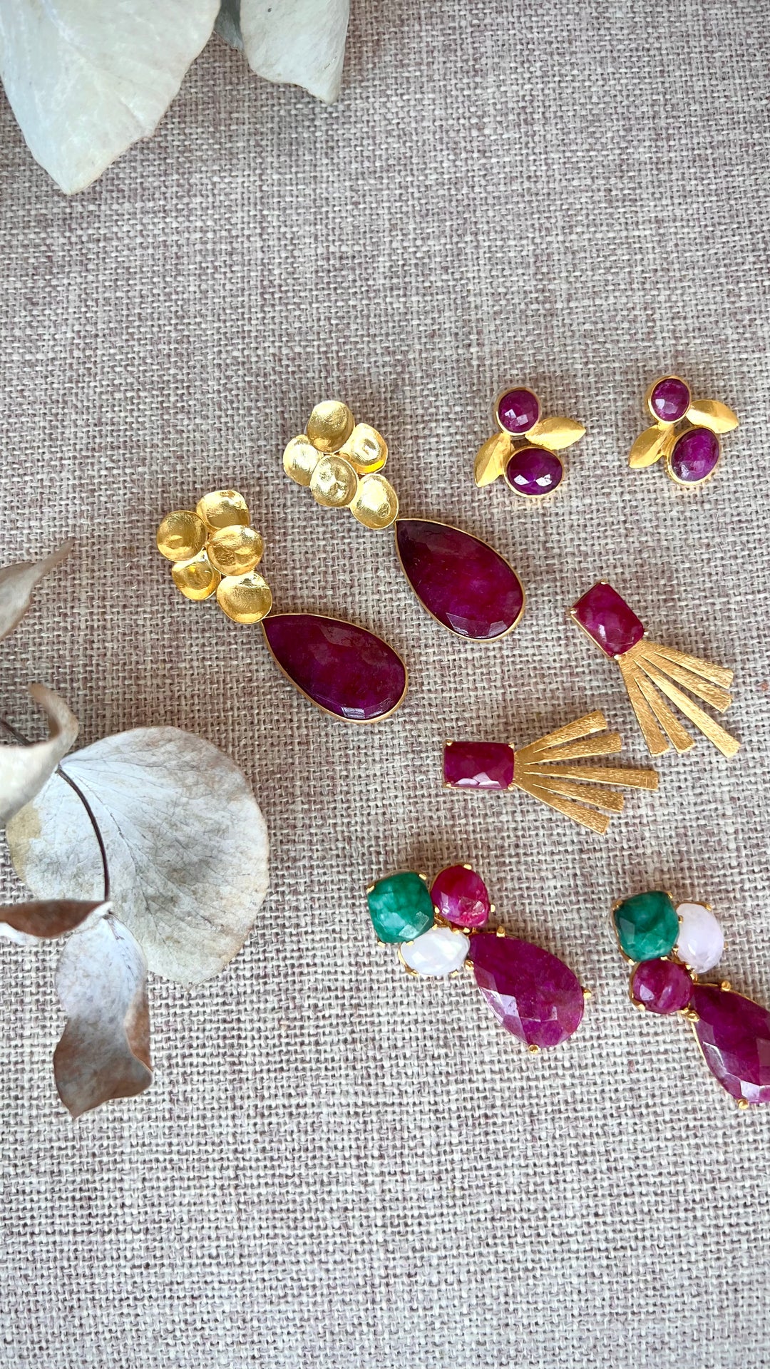 Inle Emerald, Moon and Ruby stone earrings