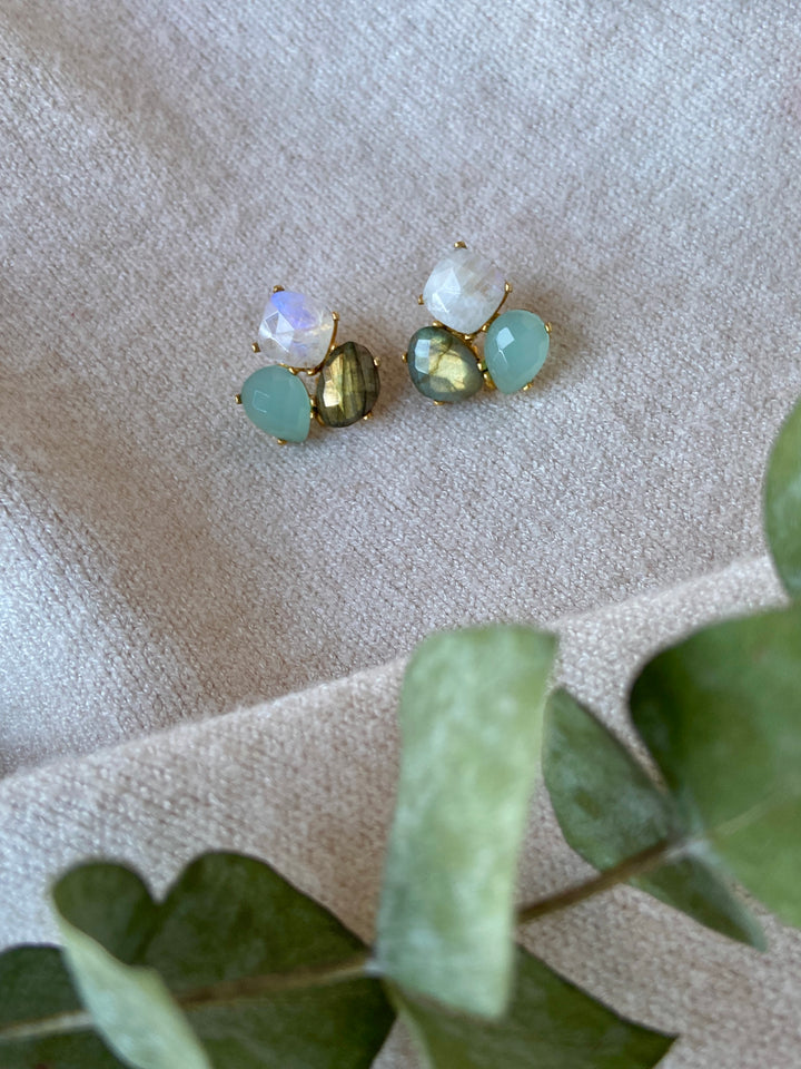 Inle Moon, Aquamarine, Labradorite and Emerald stone earrings