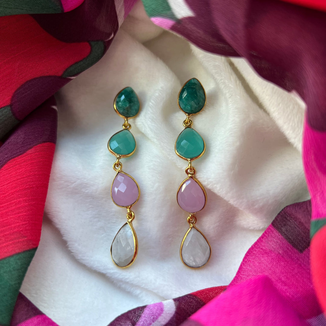Earrings with Madame Verde, Aquamarine, Pink and Moon stones